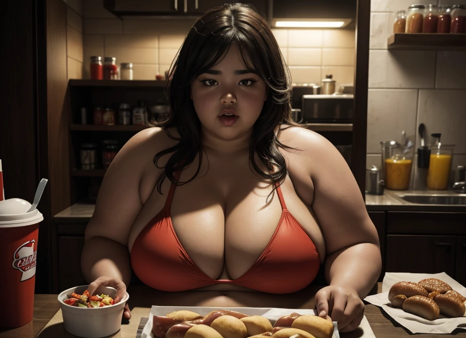 a very overweight and obese girl in a red bikini sitting in a kitchen in front of a table eating various fast foods, hot dogs and oily, high-fat foods, her mouth and body covered in ketchup and mustard, an image showing the complex situation of obesity in a person's life, the girl compulsively eating, 4k, photo-realistic, detailed, hyperrealistic, dramatic lighting, cinematic composition, gritty, grunge, highly detailed