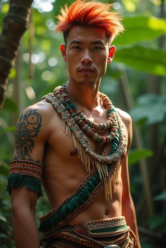 Young Asian man in Brazilian indigenous clothing. Tall and handsome with fiery hair