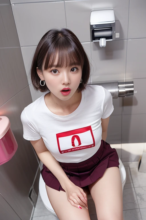 ((Angry face))、((surprised顔))、Beautiful Japanese Woman、huge ((Red tight T-shirt))、((傑作 Highest quality 高解像度 現実的)) , ((((Public toilets))))、Short bangs、(((surprised)))、((cute short hair:1.1))、Earrings、((Delicate photo))，(Detailed RAW photos), (Tabletop:1.25), (Highest quality:1.6), (Ultra-high resolution:1.5), (Realistic:1.75), 8k resolution、Pants and skirt on the feet:1.25、Sitting on the toilet、(The lower half is naked)、mini skirt、Wearing panties、(((Looking up at the viewer)))、((Camera angle from above))、((front))