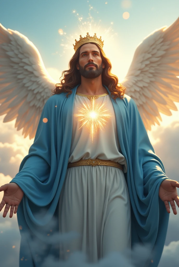 (photorealism:1.2), handsome Jesus Christ, floating in the sky with bigger white wing behind, the light in his head and heart sparkling all over, wearing the king blue clothes and crown in the clouds of heaven, elegant king clothes, long nice hair, outdoors, soft lighting, clouds and blue sky in a background, btighter sunlight, perfect face of Jesus Christ, relaxed pose, realistic, intricate details, warm colors,
