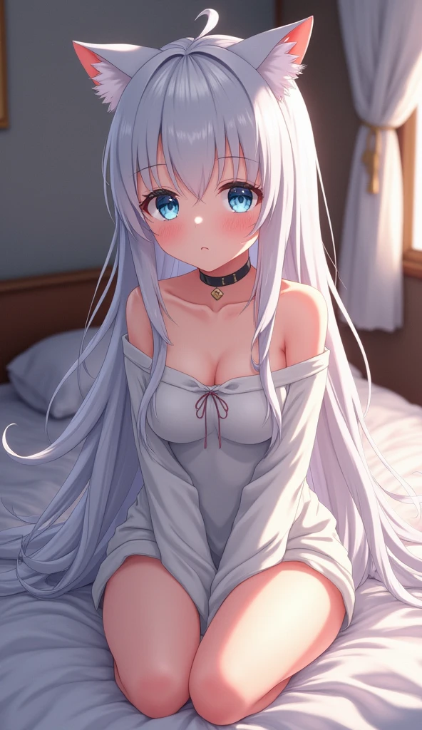 one girl, anime style, cat ears, off shoulder, medium breasts, shy, blush, navel, choker, obedient, white long hair, light blue eyes, long sleeve, on bed, wariza