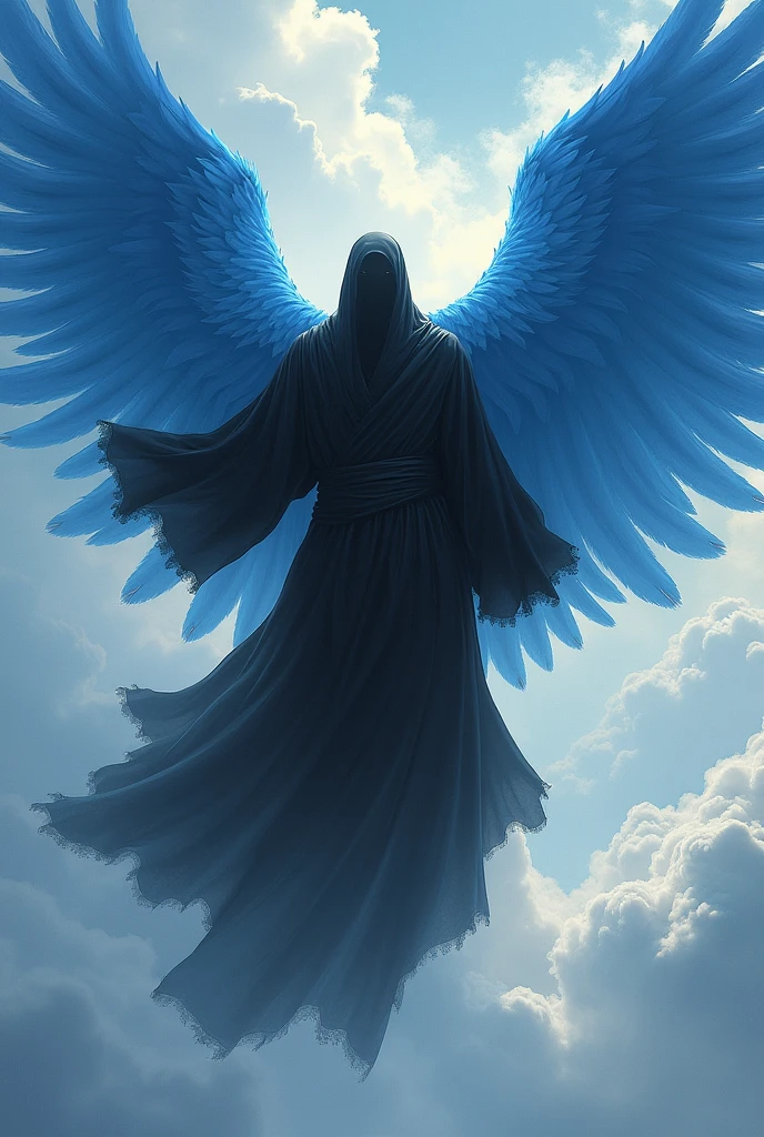 A human angel in a black robe and blue wings flying 