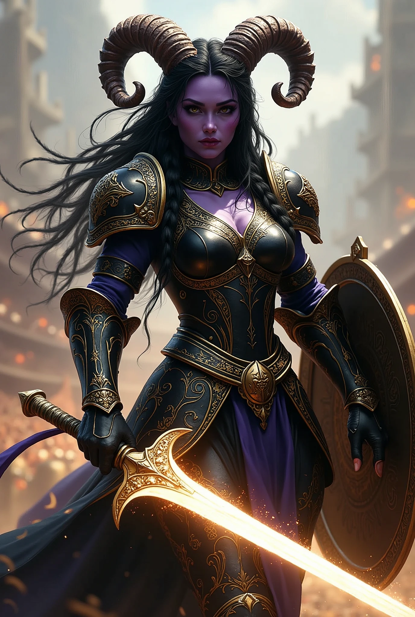 ((portrait, upper torso, armored female paladin, battle worn gloss black lacquered armor:1.4, gold filigree, etched, gold cloak, (((((purple skin Tiefling, black ram horns))), [glossblack hair:dark hair:0.8]))), blackout eyeshadow, iron tiara), braids, (((glowing radiant white skull engraved sword, shield, sparks, windy))), outdoor, intense sunlight, background crowded arena, dynamic battle pose
