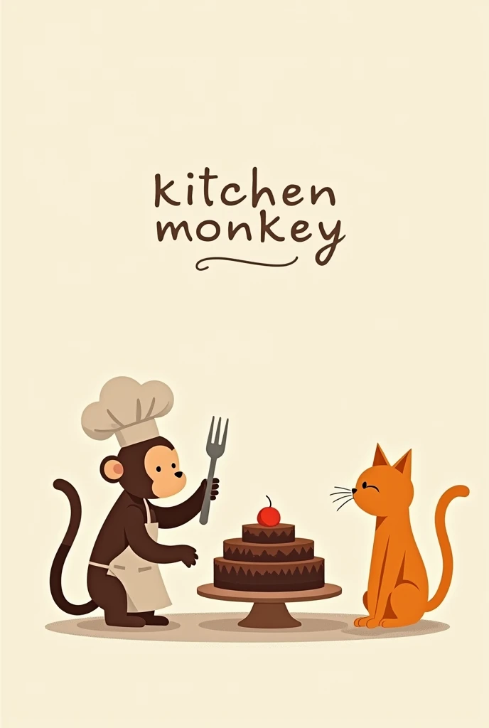 A simple 2d minimalist drawing of a brown chef monkey next to an orange cat and a chocolate cream cake. Let it say kitchen monkey above. 