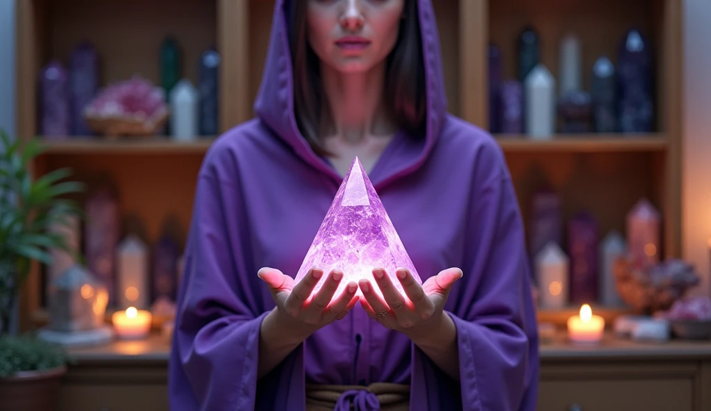 woman in violet priestess cape energizing her home with HIGH crystals, IN your perfect hands with 5 fingers each hand, large pyramid shaped crystal, convey depth, in the background a cabinet full of crystals of different colors, sizes and shapes, in the scene small lit candles and aromatic herbs