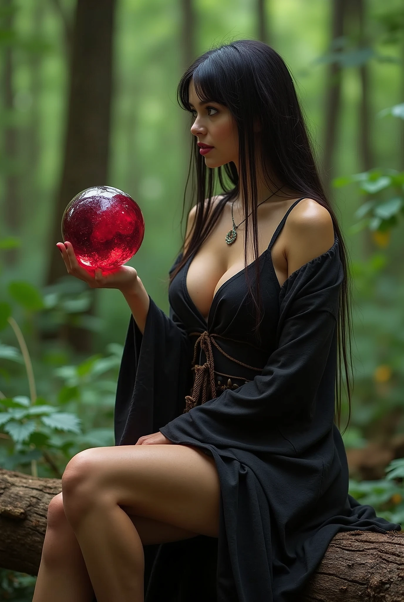 A Ukrainian female shaman,Very sexy,Sitting sideways on a log in the forest,Holding a bloody crystal ball。Wearing a black linen robe,Deep V robe,Full and slender legs completely exposed,Cross your legs,Bare chest,Huge breasts