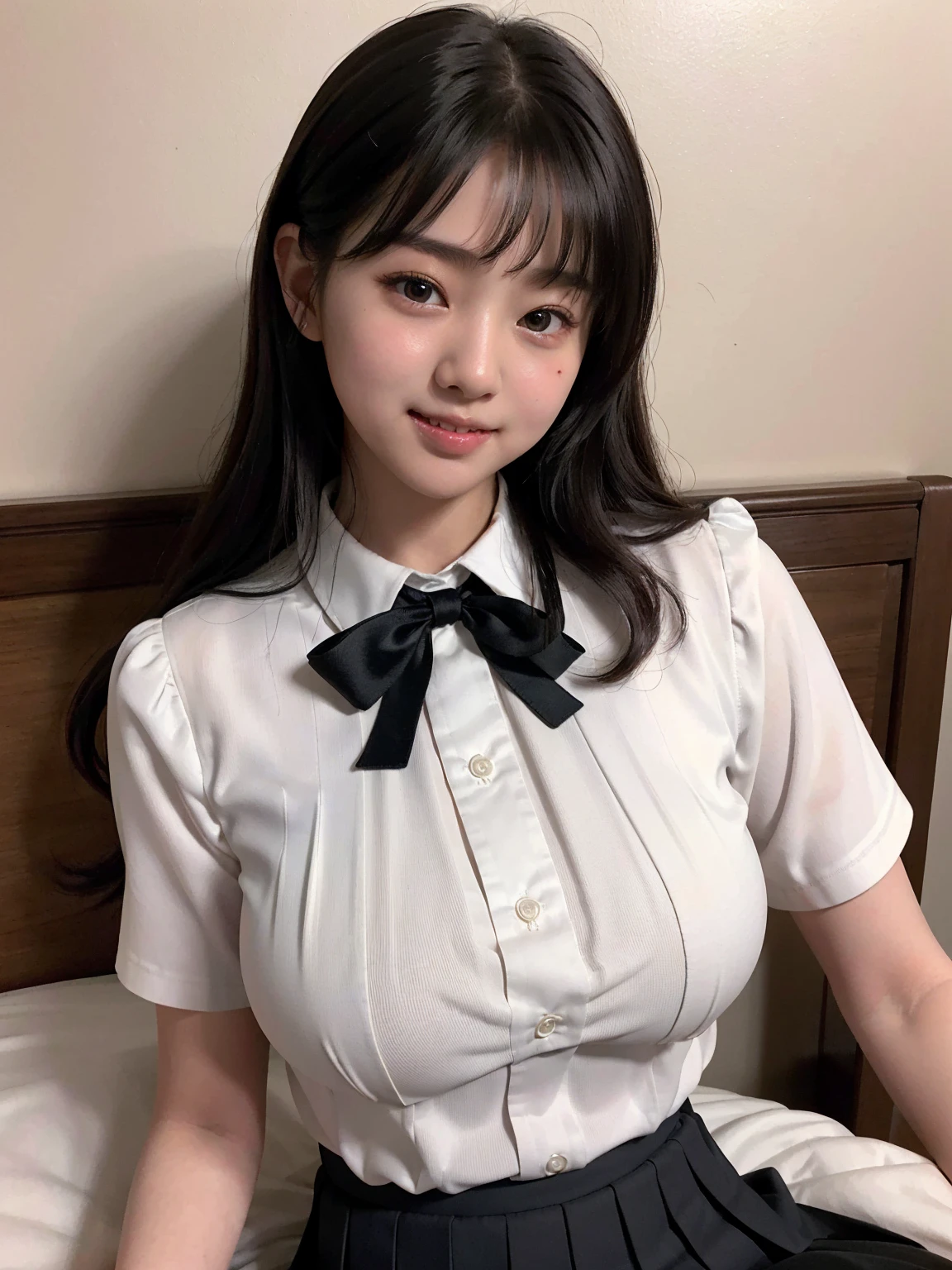 (Highest quality,masterpiece:1.3,Ultra-high resolution),(Very detailed、Caustics) (Realistic:1.4, RAW shooting、)Ultra-Realistic Capture、Very detailed、Natural skin texture、masterpiece、(A Japanese elementary school student wearing a black blouse and pleated skirt:1.3)、Adorable expression、Expressions of happiness、、height: 140cm、Baby Face、Pure、Amazingly cute、Curly Hair、ribbon、Black Hair、(Big Breasts:1.2)、Shining thighs、Shining ass、necklace、Hotel Bed、Background details、smile、An inviting gaze、(Anatomically correct)、Cowboy Shot、Attention to detail、(She's sucking a dick with a lewd face:1.4)