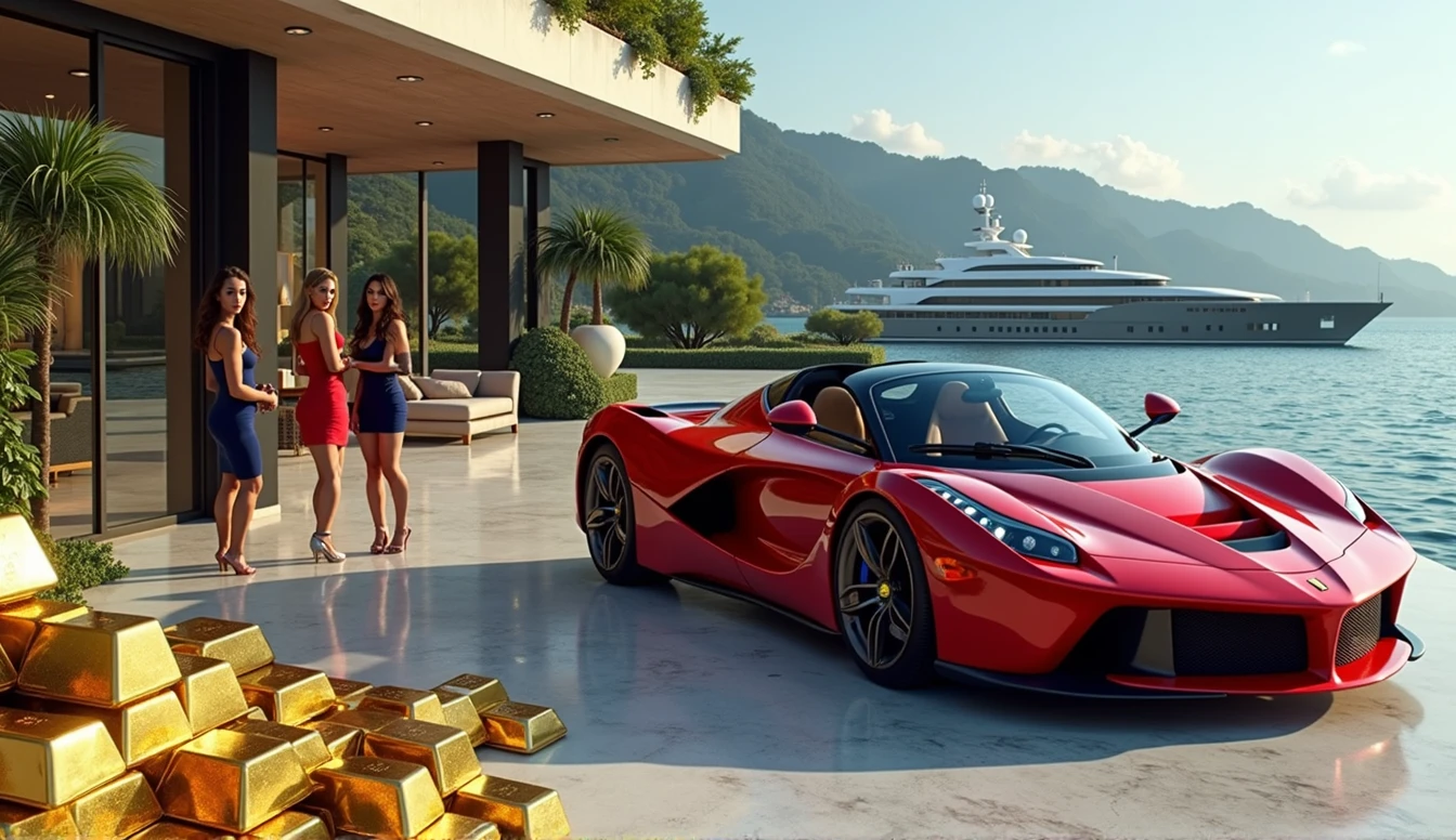 CREATE AN ULTRAREALISTIC IMAGE showing a young wizard without a hat next to a yacht with luxurious sports cars, with women leaning against cars on all fours, LINDA PARKED NEXT TO GOLD BARS and dollars next to it, rubies and emeralds, convey depth, IN THE BACKGROUND A BEAUTIFUL MANSION with modern architecture, WITH 3 elegant WOMEN with sinuous curves and dressed in tight, short dresses. NEXT TO THE FERRARI A HANDSOME YOUNG WIZARD IN BLUE CLOTHES AND FULL OF JEWELS, PERFECT WIZARD HANDS WITH 5 FINGERS. Emphasize richness and sensuality, show a lake next to it with yacht