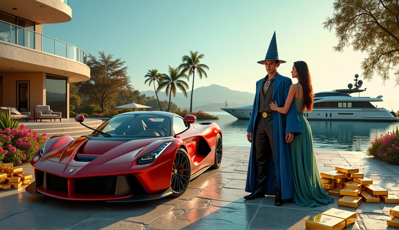 CREATE AN ULTRAREALISTIC IMAGE showing a young wizard without a hat next to a yacht with luxurious sports cars, with women leaning against cars on all fours, LINDA PARKED NEXT TO GOLD BARS and dollars next to it, rubies and emeralds, convey depth, IN THE BACKGROUND A BEAUTIFUL MANSION with modern architecture, WITH 3 elegant WOMEN with sinuous curves and dressed in tight, short dresses. NEXT TO THE FERRARI A HANDSOME YOUNG WIZARD IN BLUE CLOTHES AND FULL OF JEWELS, PERFECT WIZARD HANDS WITH 5 FINGERS. Emphasize richness and sensuality, show a lake next to it with yacht