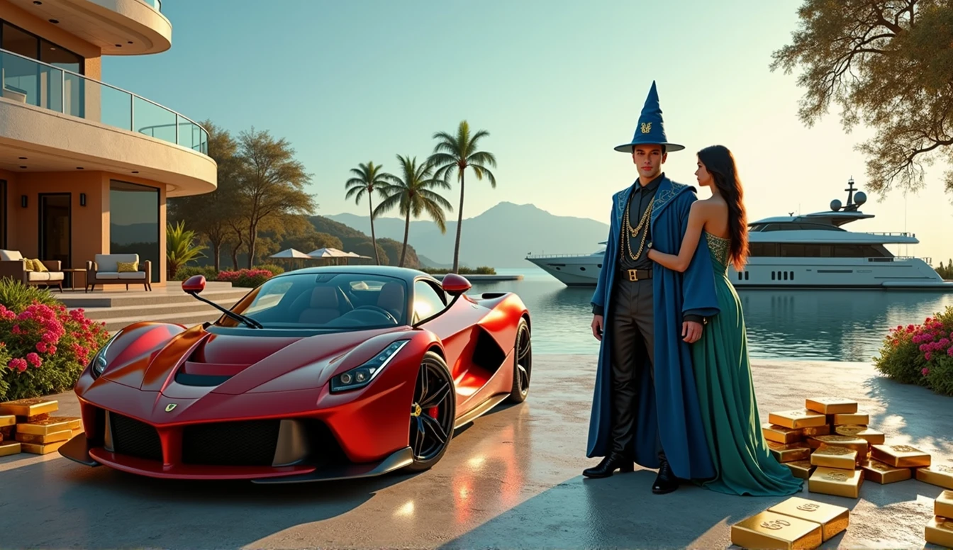 CREATE AN ULTRAREALISTIC IMAGE showing a young wizard without a hat next to a yacht with luxurious sports cars, with women leaning against cars on all fours, LINDA PARKED NEXT TO GOLD BARS and dollars next to it, rubies and emeralds, convey depth, IN THE BACKGROUND A BEAUTIFUL MANSION with modern architecture, WITH 3 elegant WOMEN with sinuous curves and dressed in tight, short dresses. NEXT TO THE FERRARI A HANDSOME YOUNG WIZARD IN BLUE CLOTHES AND FULL OF JEWELS, PERFECT WIZARD HANDS WITH 5 FINGERS. Emphasize richness and sensuality, show a lake next to it with yacht