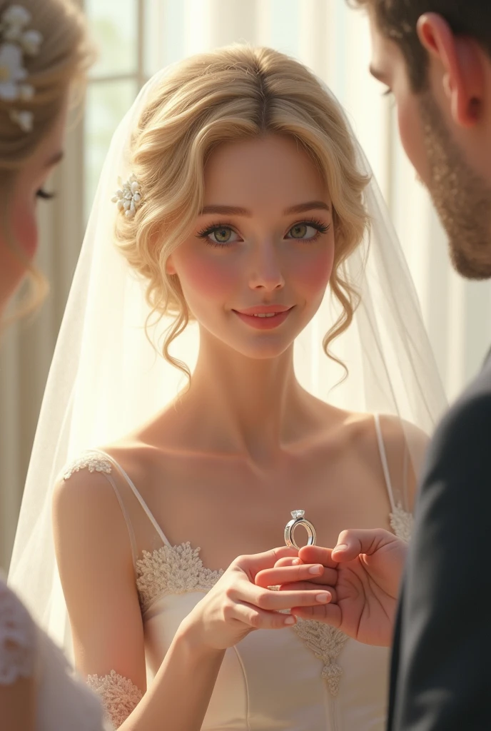Beautiful girl with blonde short hair, wedding dress, white skin, give you ring wedding 