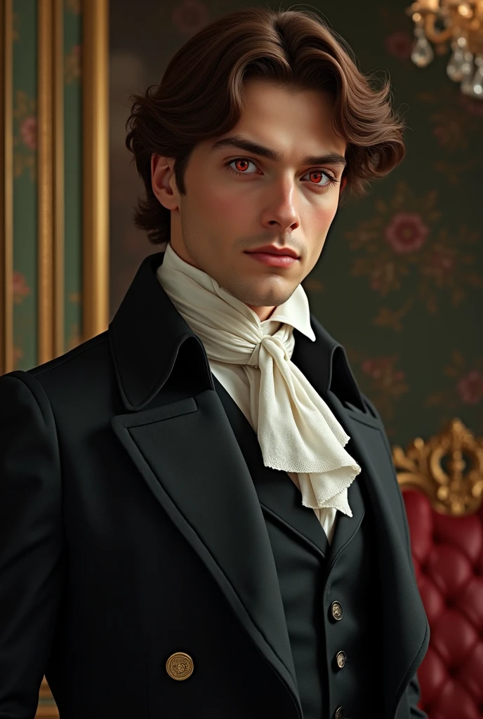 now do the man who fell in love with her, 1800 era, man with red eyes, brown hair and well dressed