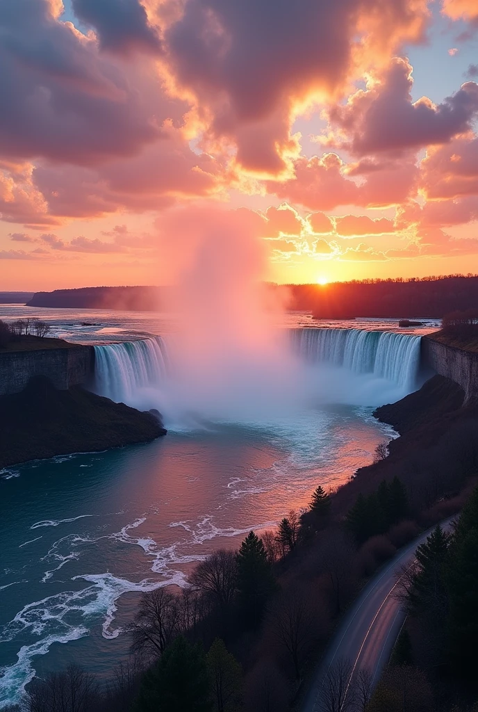 (best quality),(masterpiece:1.2),(Very detailed:1.2),Ultra-high resolution,RAW color photography,8K,Wide Landscape Photography,Realistic photos,Carefully crafted photos,Skydiving Observation Deck,Written border depth,Clear focus,In the Cloud,Niagara Falls,Sunset,Beautiful colors,Written border depth,Wide-angle light,Low contrast,Backlight,Clear focus,Vibrant colors,Mobile Configuration