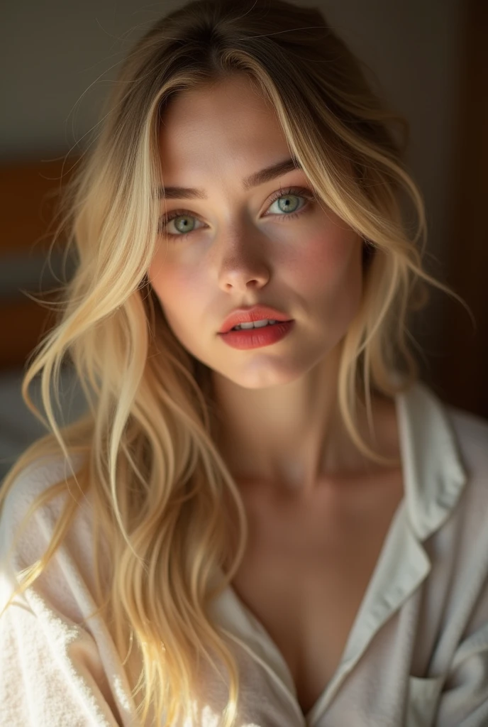 A young and beautiful woman, blonde hair hairstyle，It falls gently over your shoulders in waves., medium high, big green eyes, with light skin, I was in pajamas, She was in bed, Take care of your hair before going to bed., The environment is illuminated by warm and pleasant lights..，Make your hair shine, His face was naturally serene., lips with red lipstick, 8K texture, Very detailed, realisitic, soft cinematic light, HdR, sharp focus, masterpiece, Fotor is realistic, award-winning photography, a Canon EOS R5, 35 millimeters