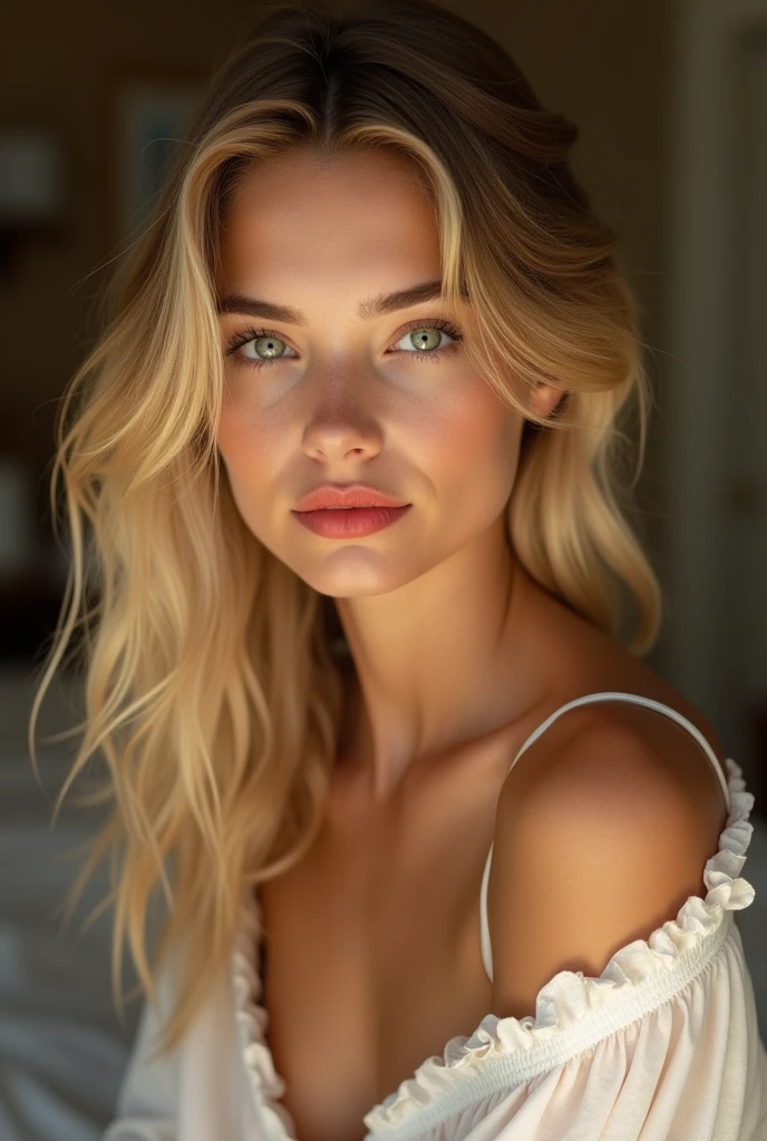A young and beautiful woman, blonde hair hairstyle，It falls gently over your shoulders in waves., medium high, big green eyes, with light skin, I was in pajamas, She was in bed, Take care of your hair before going to bed., The environment is illuminated by warm and pleasant lights..，Make your hair shine, His face was naturally serene., lips with red lipstick, 8K texture, Very detailed, realisitic, soft cinematic light, HdR, sharp focus, masterpiece, Fotor is realistic, award-winning photography, a Canon EOS R5, 35 millimeters