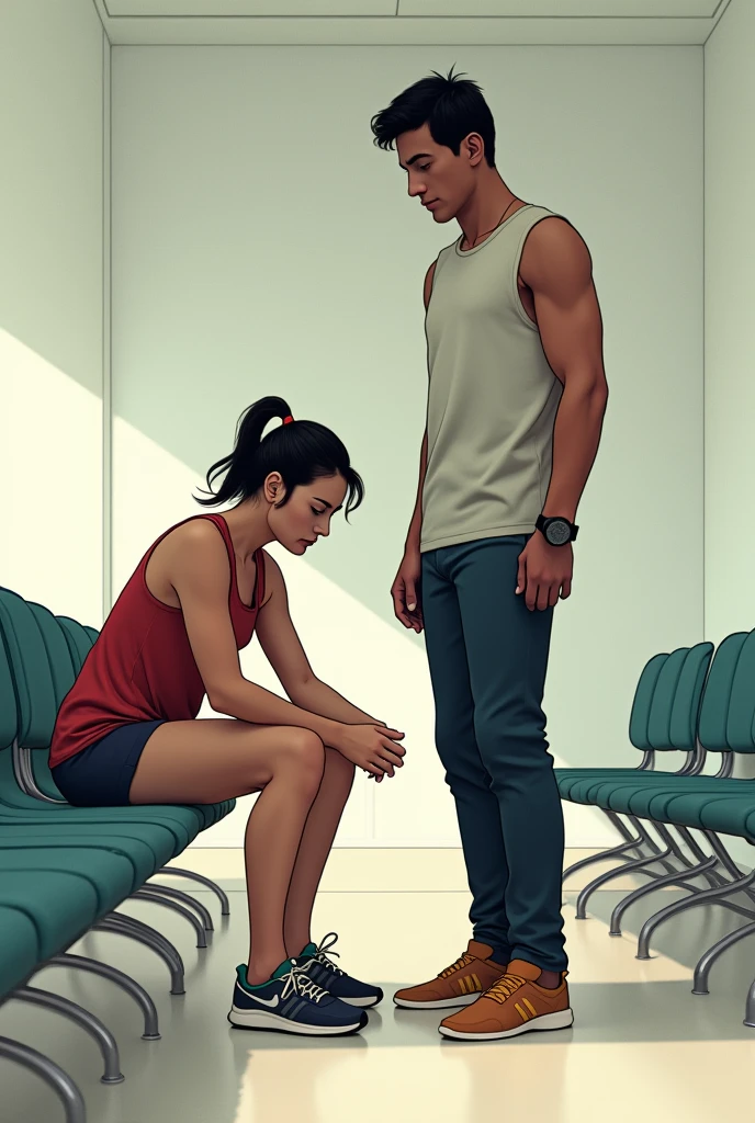 Claudia and Ricardo are in a waiting room. Claudia is sitting on a bench, checking his running shoes with an expression of concentration and nervousness. Ricardo, standing near her, She shows a confident smile while holding a small jar discreetly. The environment is simple, with seats and a table in the room. Make realistic characters and place yourself in the Olympians.