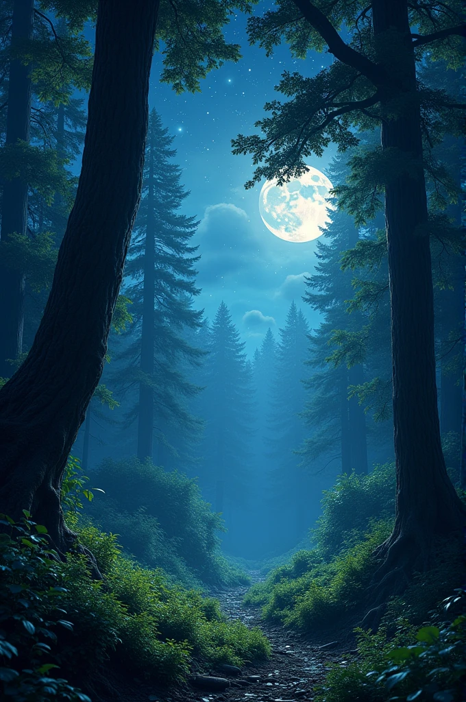 A beautiful night scene in a forest with a starry sky filled with countless stars, soft moonlight illuminating the trees, serene and magical atmosphere, high quality, 4k resolution