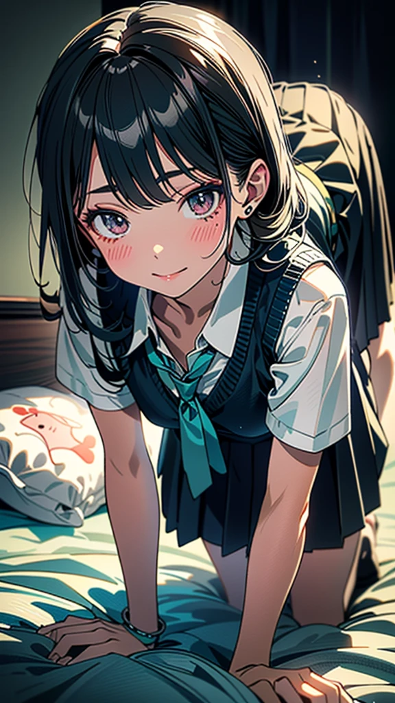 (8k, RAW Photos, 最high quality, masterpiece:1.2), high qualityのRAWカラー写真, Professional photo shoot, Cinematic Light, night、Late night、alone, (((young woman, Gal))), (Sharp features), (Small face), (Skin with attention to detail:1.2), clavicle, Cute Face, Beautiful appearance, Long eyelashes,Girl Turning Around, smile, (Black Hair, Long straight line), high school student, Green tie, Navy knit vest、, White shirt,Roll up your sleeves、bracelet ((Mini Pleated Skirt)), bedroom, Embarrassing, sad, Artistic painting,Attractive thighs, White socks、(Very nice touch:1.2), (Watery eye), sad雰囲気, Oil painting style, Dark colors, (Lie face down on the bed)(((Pay attention to the butt))), Smooth texture, Gazing Eyes, Beautiful Skin, Glowing Skin, ((Perfect Fingers, Five Fingers, Anatomically correct)), Background Blur, high quality, Surreal, ((Very detailed, photo shoot)),,View from below、blush、、Embarrassing、Full Body Shot、Embarrassing、blush、Put your hands on the ground、(Turn around)，((Accentuate your butt))、Sleep on your back、(((On all fours)))
