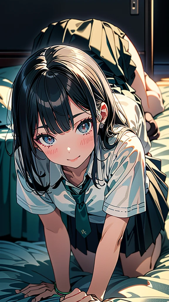 (8k, RAW Photos, 最high quality, masterpiece:1.2), high qualityのRAWカラー写真, Professional photo shoot, Cinematic Light, night、Late night、alone, (((young woman, Gal))), (Sharp features), (Small face), (Skin with attention to detail:1.2), clavicle, Cute Face, Beautiful appearance, Long eyelashes,Girl Turning Around, smile, (Black Hair, Long straight line), high school student, Green tie, Navy knit vest、, White shirt,Roll up your sleeves、bracelet ((Mini Pleated Skirt)), bedroom, Embarrassing, sad, Artistic painting,Attractive thighs, White socks、(Very nice touch:1.2), (Watery eye), sad雰囲気, Oil painting style, Dark colors, (Lie face down on the bed)(((Pay attention to the butt))), Smooth texture, Gazing Eyes, Beautiful Skin, Glowing Skin, ((Perfect Fingers, Five Fingers, Anatomically correct)), Background Blur, high quality, Surreal, ((Very detailed, photo shoot)),,View from below、blush、、Embarrassing、Full Body Shot、Embarrassing、blush、Put your hands on the ground、(Turn around),((Accentuate your butt))、Sleep on your back、(((On all fours)))