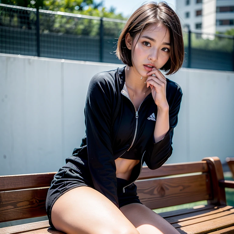 ((Highest quality, 64k, masterpiece :1.3))、(((Hyperrealistic)))、looking at the camera、A very beautiful 28-year-old Japanese female professional tennis player, (((White semen overflows from her mouth and drips down to her chest.)))、Short bob hairstyle a little messy after sex、The whole body is wet with sweat、(((Bust size is B cup)))、(((The breasts are small)))、Sitting with legs apart on a bench in the corner of an indoor tennis court、((Wearing a thin black tennis suit))、Her mouth is open, unable to withstand the sexual pleasure、 Highest quality,(RAW Photos:1.2),(masterpiece:1.4),(Realistic:1.4)、Moist eyes、Beautiful black eyes.bukkake、(((Smaller breasts)))、A small mole under the right eye、Anatomically correct body proportions and realistic details