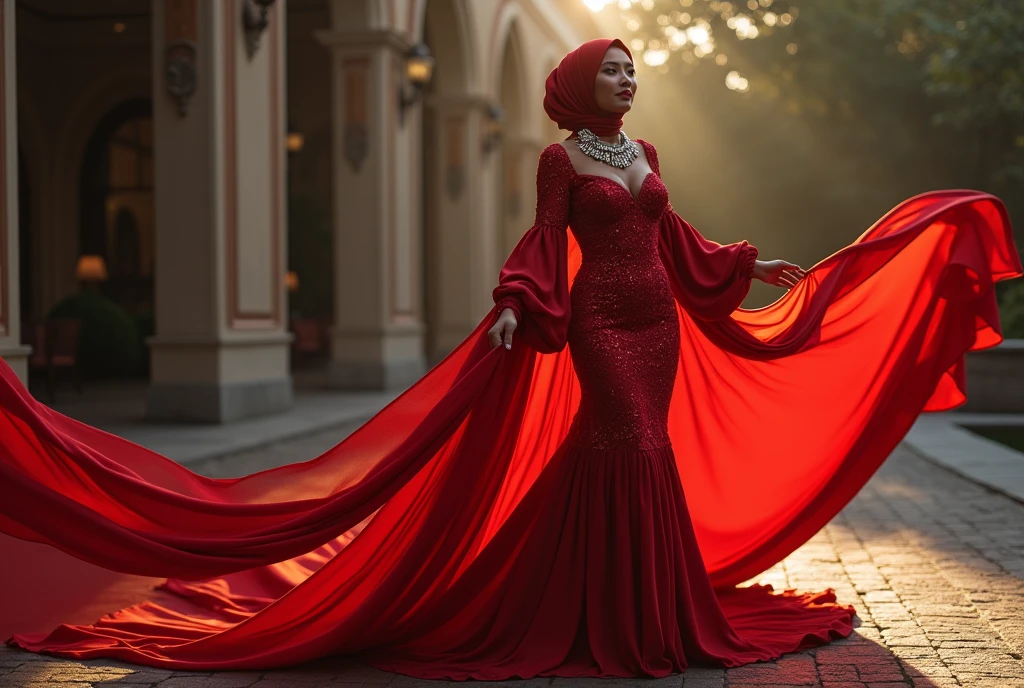 An malay woman in glamorous mermaid evening dress, long ballon sleeve bolero, long satin scarf wrapped around her arms, wear jewellery, wear modern satin hijab, entirety of fabric over botom dress about 7 meters in length trailing dramatically, glamours style, overlong dress train, extreme detail on the texture of the fabric, wear high heels, sexy random pose in outdoor, dramatic lighting, ultra realistic, high-resolution photography.