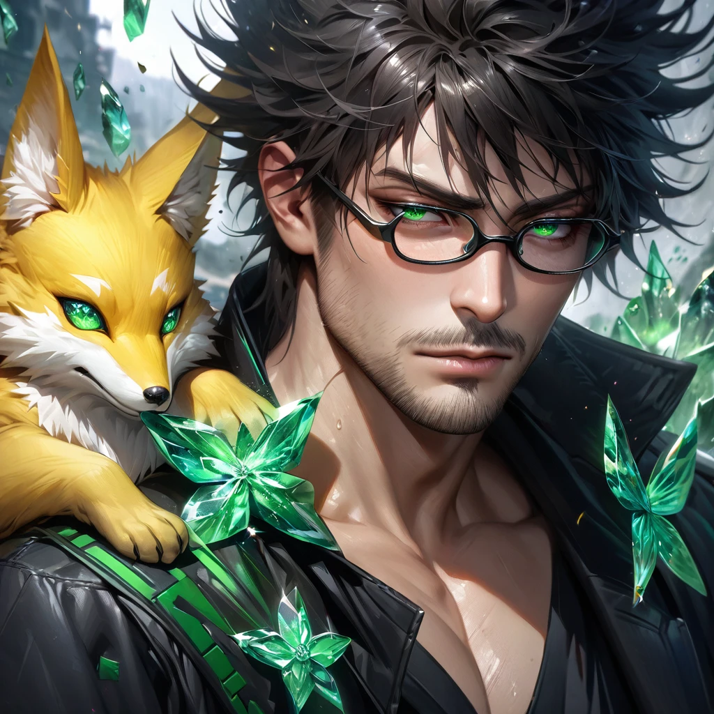 Extremely detailed, high resolution, absurd, HDR, masterpiece, Fushiguro Megumi, Black Hair, Expressive green eyes, Jiu Jitsu Kaiba, Black long coat, green Ice flowers, petal, Very handsome, Sexy men, Solitary, Extremely detailed eyes and face, green Ice, green Ice sparkling butterflies, Black T-shirt, Realistic face, sparkling, sparkling eyes, yellow Fox, men with stubble, short beard, short mustache, Beard scum, slightly curly hair, and black square plastic-framed glasses