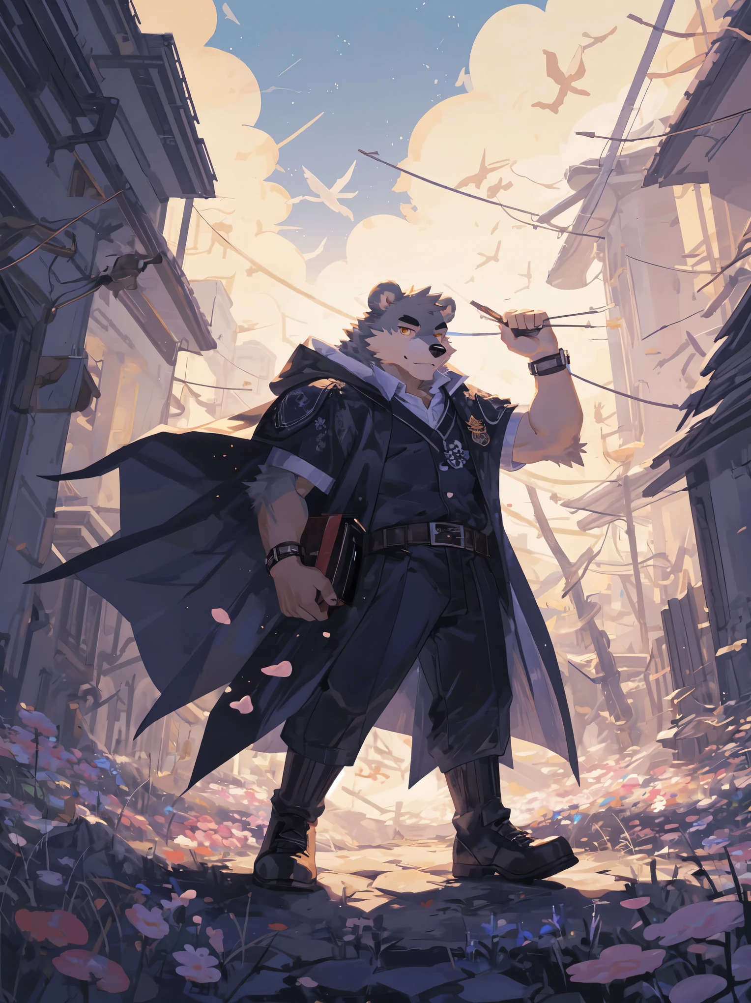 ultra-detailed,extremely detailed and beautiful, sky and white cloud and sunset glow background,ultra-detailed birds, (floating city in bloom, Floating petals, blooming gardens in the sky, many vines on the wall:1.2),Imagination,(masterpiece:1.2), best quality,pixiv,official art,perfect anatomy, (Ray tracing, light),solo, (1_male:1.3) , (muscle), (grey fur:1.4), (muscle bear), (beard:1.2), (gleaming golden eyes), bear tail, full body, Thick black eyebrows, Harry potter style,WIZARDRY UNIFORM,HOGWARTS,cloak,cardigan,shirt,pants,leather shoes,full body,(pure white background: 1.3), looking at viewer,dynamic pose