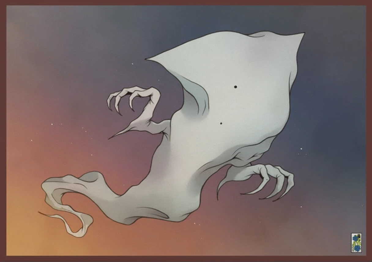 A close-up of a pure white, flat piece of fabric flying in the air、The cloth has eyes and a mouth drawn on it.、Overgrown with trees、A small person is looking up