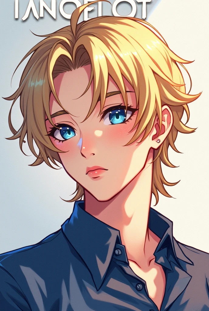 anime man with slightly long blond hair and blue eyes, with the name lancelot falling on top and a gay man