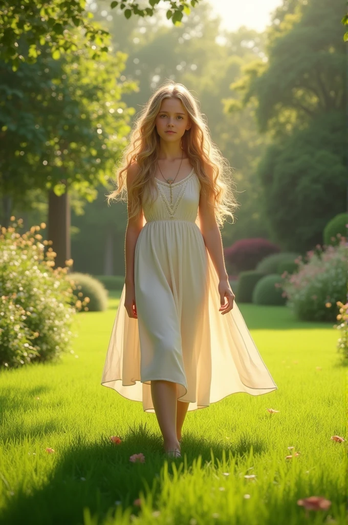 Generate an American girl standing in the lawn white beautiful realistic
