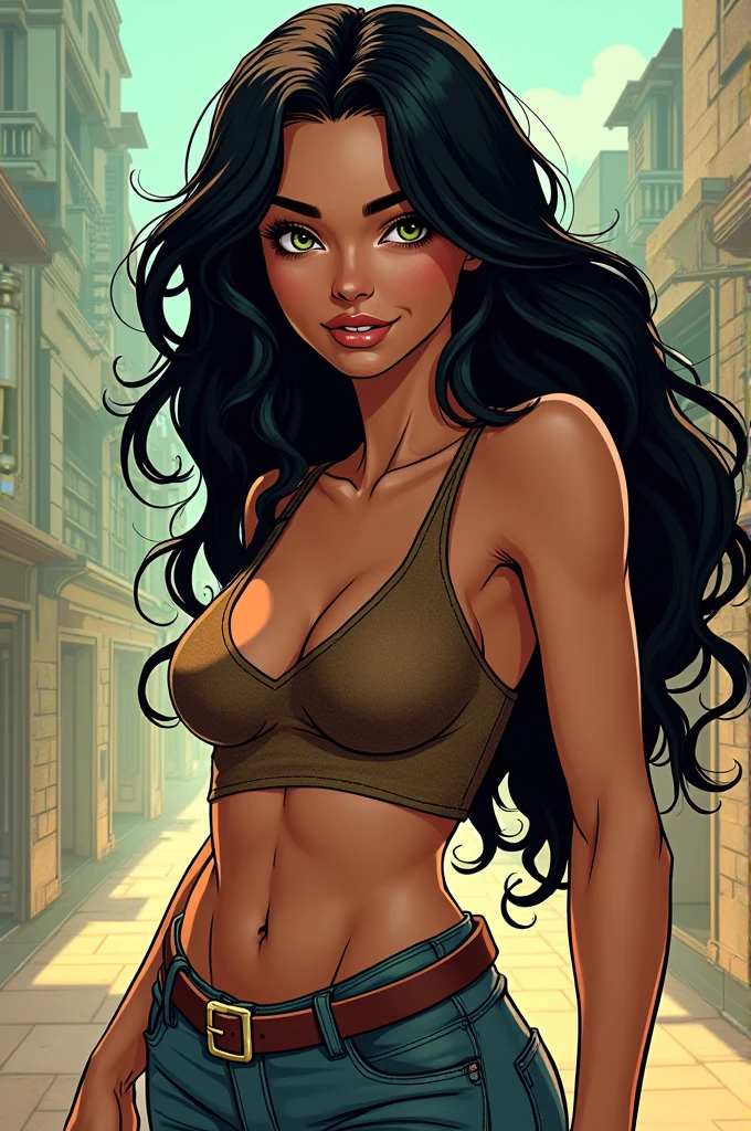 Masculine woman with light brown skin green eyes long black hair slightly muscular charming smile. comic style