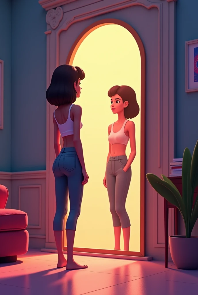 Animated image of a person standing in front of a mirror with his teflection