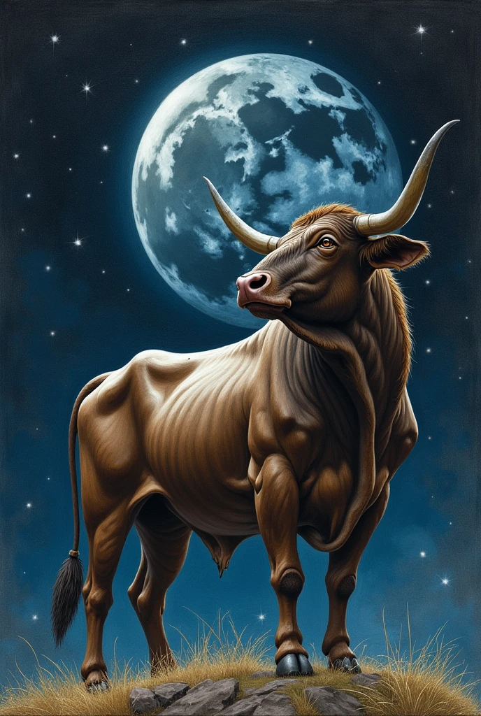 Drawing of a bull looking at the moon with a background of stars 