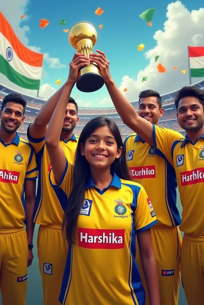 create a realistic image where a IPL fan Young Girl Wearing CSK Team's Jersey With Name “Harshika” is written on it, girl standing with dhoni and 11 player with yellow jersey and dhoni take a ipl trophy, indian Flags are Flying in the Back of them And Have Many cricket Supporters there, 3D art painting Realistic photo.