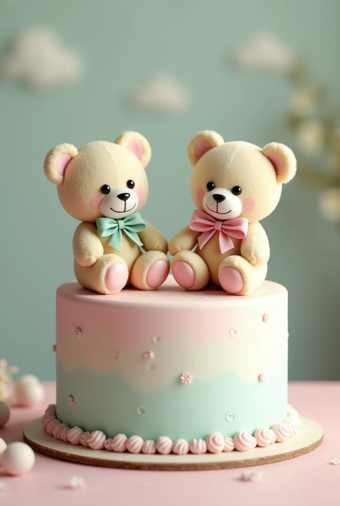 Cake with two teddy bears for gender reveal party. Green and pink.