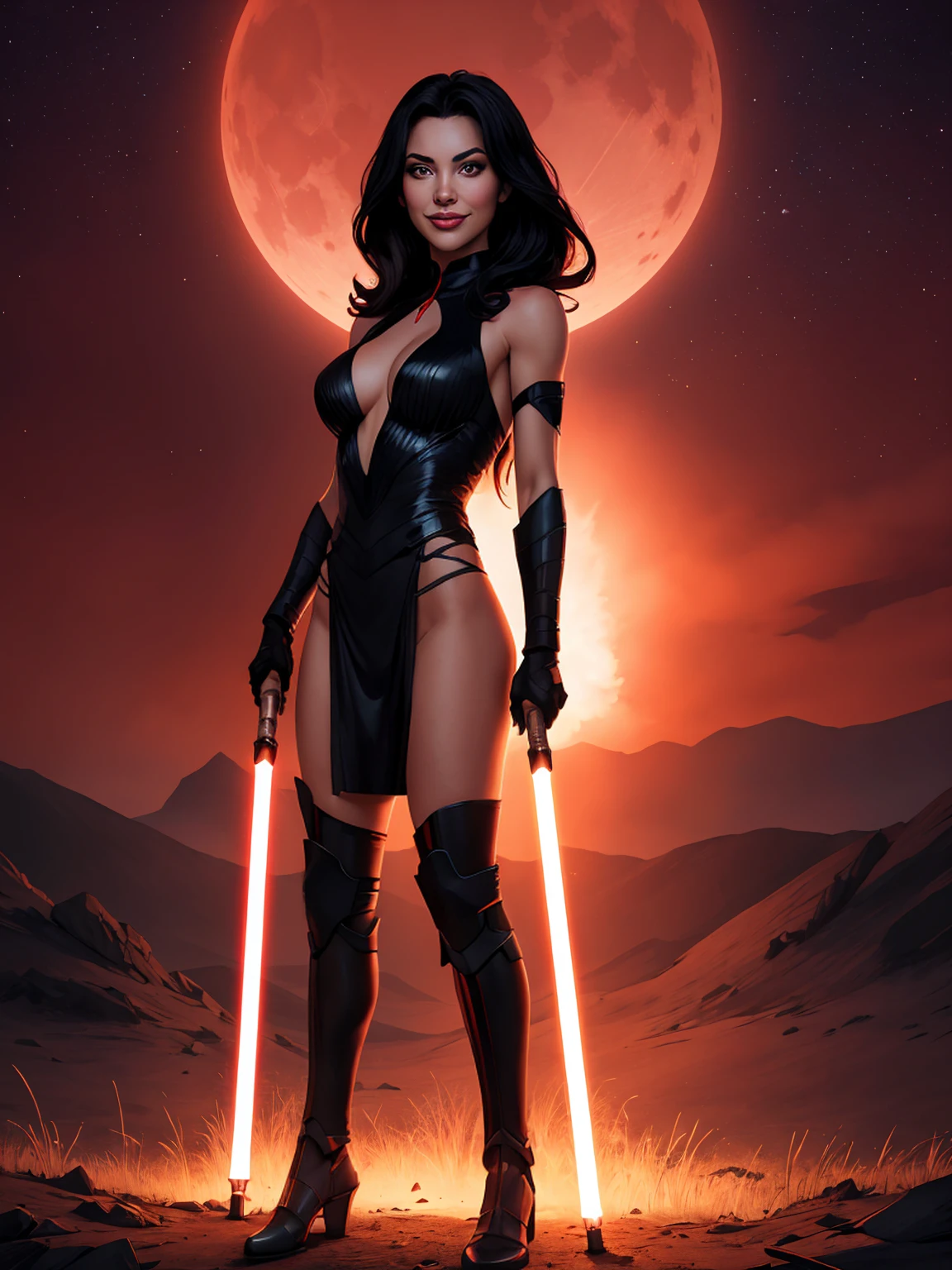 A beautiful Female Sith megan fox naked  stands in a chamber of fire and smoke, her red lightsaber held high, with an evil smirk in the smoky air, 3d, (8k), detailed texture, dynamic pose, (hyperdetailed), (photo realistic), cinematic light, cinematic action, highly detailed, realistic, Isometric, full body, in frame, driven expression, dark theme, extremely detailed eyes, detailed symmetric realistic face, extremely detailed natural texture, masterpiece, extremely detailed, amazing, fine detail, rich colors, hyper realistic lifelike texture, dramatic lighting, unreal engine, trending on art station, photo realistic, RAW photo, high quality, high res, sharp focus, extremely detailed, cinematic lighting, 8k, high definition, cinematic, neoprene, unreal engine 5, ultra sharp focus