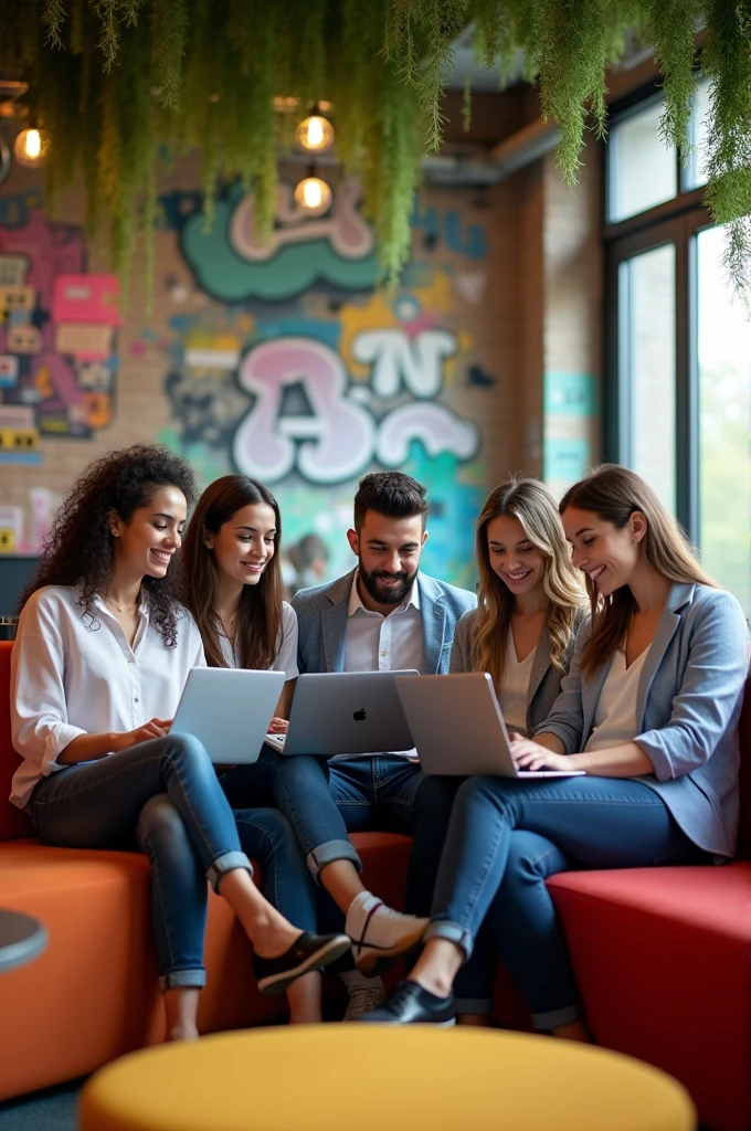 A group of five young professionals, of different ethnicities and genders, working in an open and modern coworking space. They are sitting on colorful sofas and armchairs, using laptops and smartphones. The walls are decorated with colorful graffiti and there are plants hanging from the ceiling.. The atmosphere is collaborative