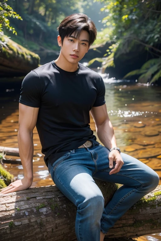 Create a 64k virtual photo of a handsome Asian teenager, with a dark, well-toned face, a well-proportioned body, and a six-pack, wearing dark jeans, sitting with his legs stretched out on a log, with a white foggy valley as the background.