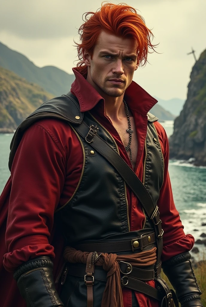 young adult man with red hair in medieval times and pirate, with a bold expression and an air of superiority , me d2