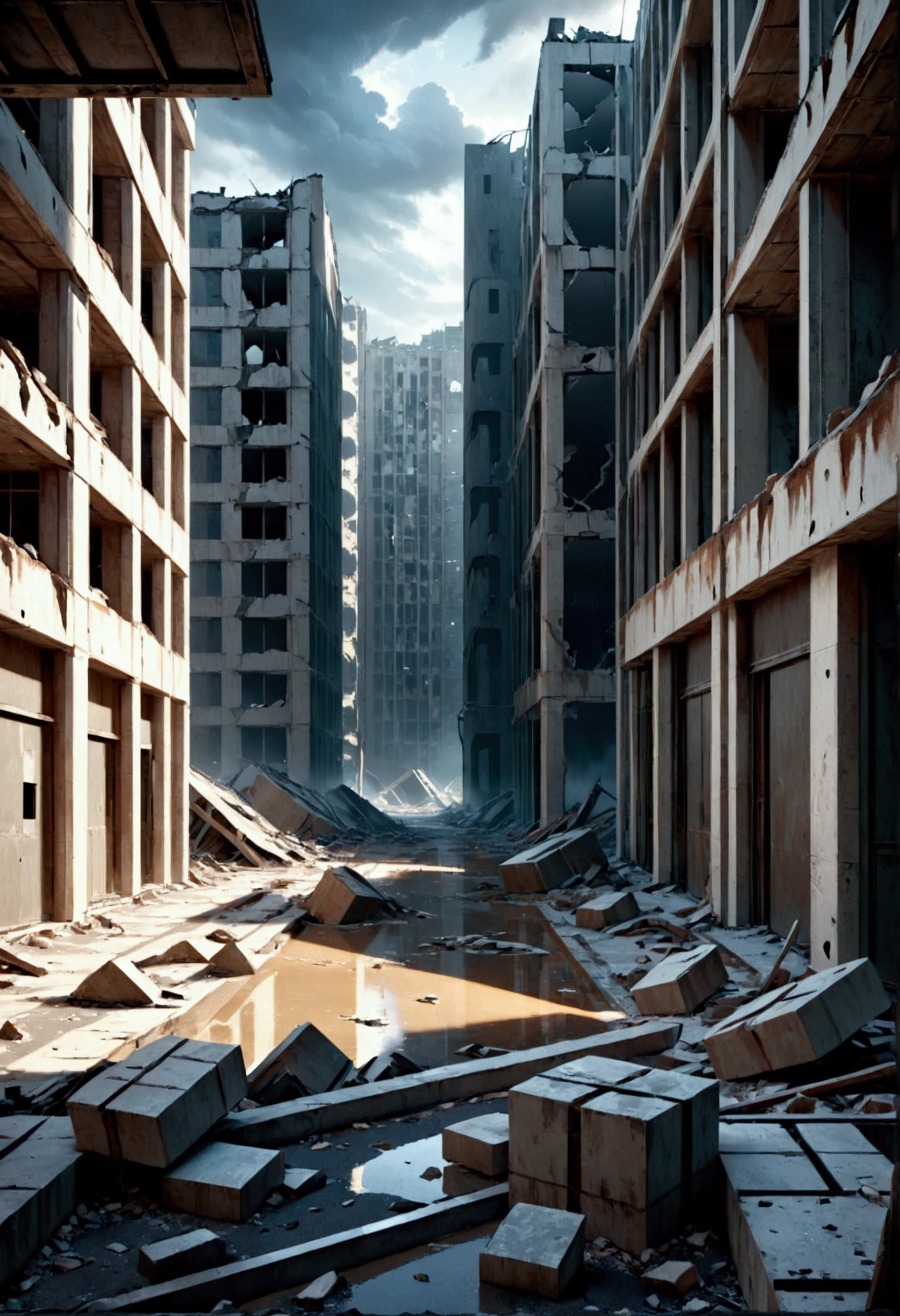 a desolate, post-apocalyptic landscape, ruined buildings, cracked earth, dark clouds, post-apocalyptic world, destroyed city, dystopian future, abandoned city, nuclear fallout, gloomy atmosphere, post-apocalyptic environment, crumbling infrastructure, eerie silence, decay and ruin, bleak scenery, dilapidated structures, rubble-filled streets, desolate wasteland, post-nuclear devastation, atmospheric lighting, moody color palette, cinematic composition, hyper-realistic style, cinematic mood, dramatic lighting, high-quality render, unreal engine, volumetric lighting, photoreal