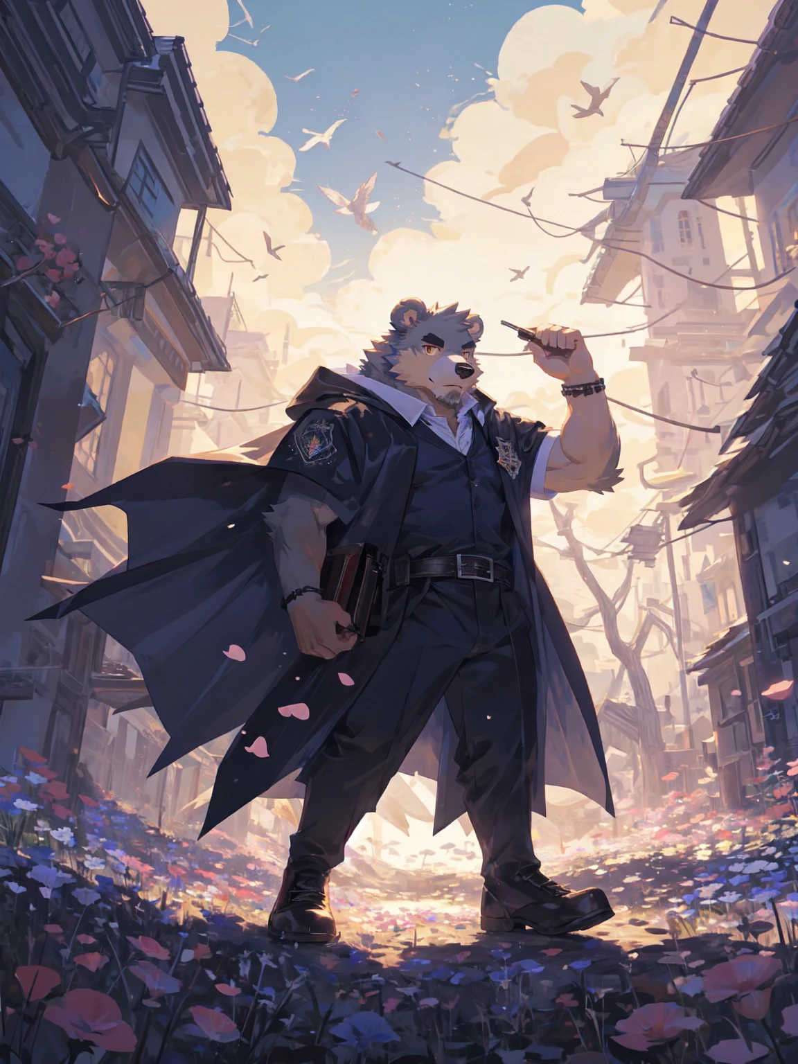 ultra-detailed,extremely detailed and beautiful, sky and white cloud and sunset glow background,ultra-detailed birds, (floating city in bloom, Floating petals, blooming gardens in the sky, many vines on the wall:1.2),Imagination,(masterpiece:1.2), best quality,pixiv,official art,perfect anatomy, (Ray tracing, light),solo, (1_male:1.3) , (muscle), (grey fur:1.4), (muscle bear), (beard:1.2), (gleaming golden eyes), bear tail, full body, Thick black eyebrows, Harry potter style,WIZARDRY UNIFORM,HOGWARTS,cloak,cardigan,shirt,pants,leather shoes,full body,(pure white background: 1.3), looking at viewer,dynamic pose