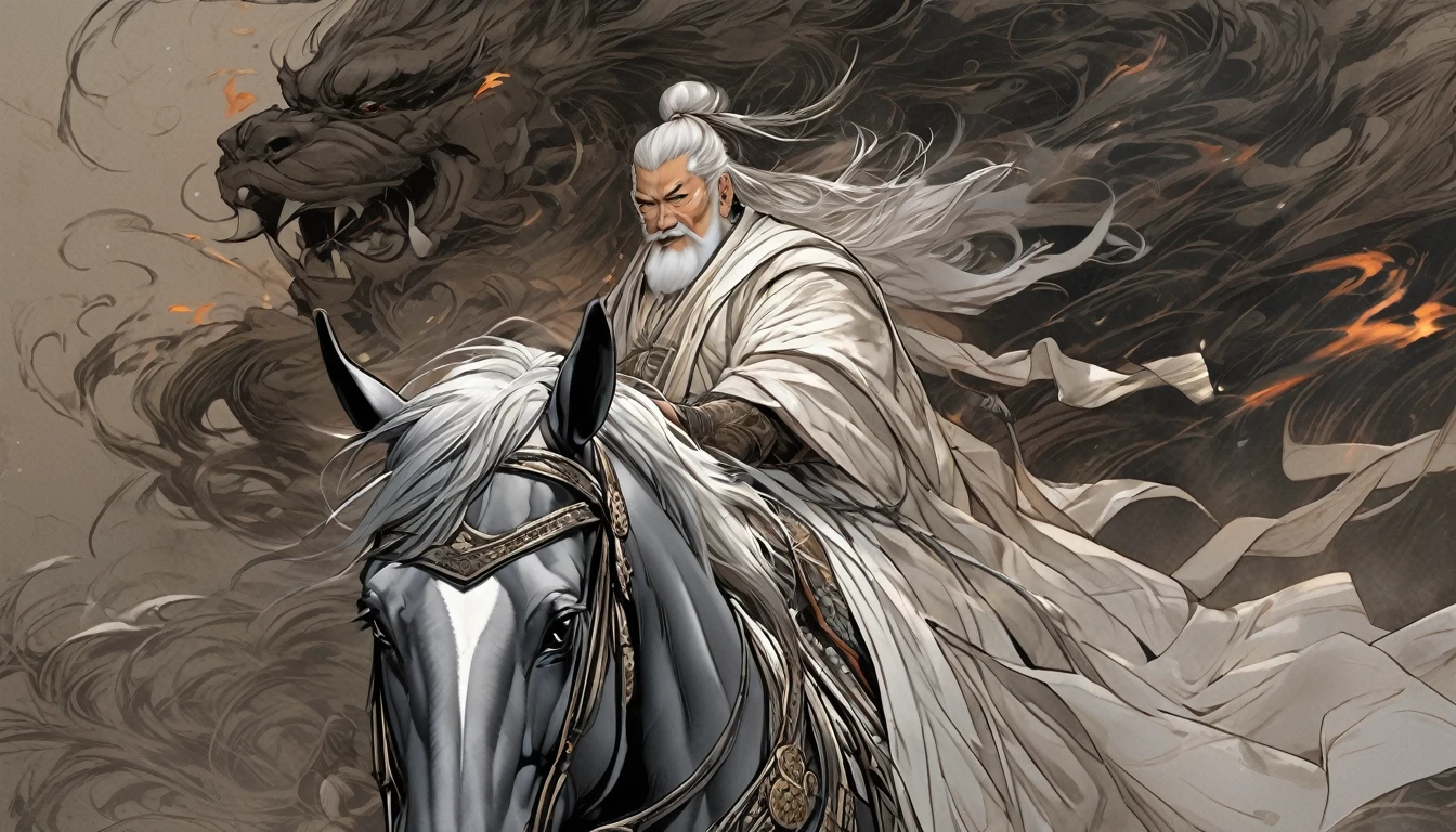Line art drawing comic a perfect handsome male, Clear Face, Man in his 50s,muscle, Hanfu, Gray Hair, long white beard, ((whole body)), Fine grain, Detailed face,Perfect hand-crafted detail,sword,anger,sparks,１riding a horse,
cast (Immeasurable,Bamboo Flooring,Fire Glass Panel Brownian Motion,Diagonal lines,Zenith angle,Dust storm,Superfluid,ball,oval ,Flowing magic:1.0)| Horsemen, (Vibrant,Illuminate,Enthusiast,cycle,scarlet,Chrome Yellow Arcanum,Dazzling,shine ,liquid crystal,Space dust,Teleport,The Magic of Dashed Lines:1.0) Purification spell, Trace the symbol on the parchment with a quill, Precisely craft a spell, Astral Sparkle, Simple Positive XLv1, Ultra-high resolution, wallpaper, 8k,Richly textured details, Elevation, A magnificent composition, . graphic illustration, Comic art, graphic novel art, Vibrant, Very detailed . Professional, Sophisticated, Modern, Minimalist, graphic, Line art, vector graphics