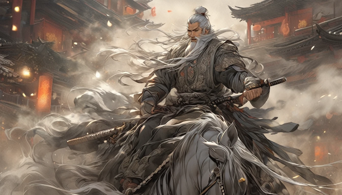 Line art drawing comic a perfect handsome male, Clear Face, Man in his 50s,muscle, Hanfu, Gray Hair, long white beard, ((whole body)), Fine grain, Detailed face,Perfect hand-crafted detail,sword,anger,sparks,１riding a horse,
cast (Immeasurable,Bamboo Flooring,Fire Glass Panel Brownian Motion,Diagonal lines,Zenith angle,Dust storm,Superfluid,ball,oval ,Flowing magic:1.0)| Horsemen, (Vibrant,Illuminate,Enthusiast,cycle,scarlet,Chrome Yellow Arcanum,Dazzling,shine ,liquid crystal,Space dust,Teleport,The Magic of Dashed Lines:1.0) Purification spell, Trace the symbol on the parchment with a quill, Precisely craft a spell, Astral Sparkle, Simple Positive XLv1, Ultra-high resolution, wallpaper, 8k,Richly textured details, Elevation, A magnificent composition, . graphic illustration, Comic art, graphic novel art, Vibrant, Very detailed . Professional, Sophisticated, Modern, Minimalist, graphic, Line art, vector graphics