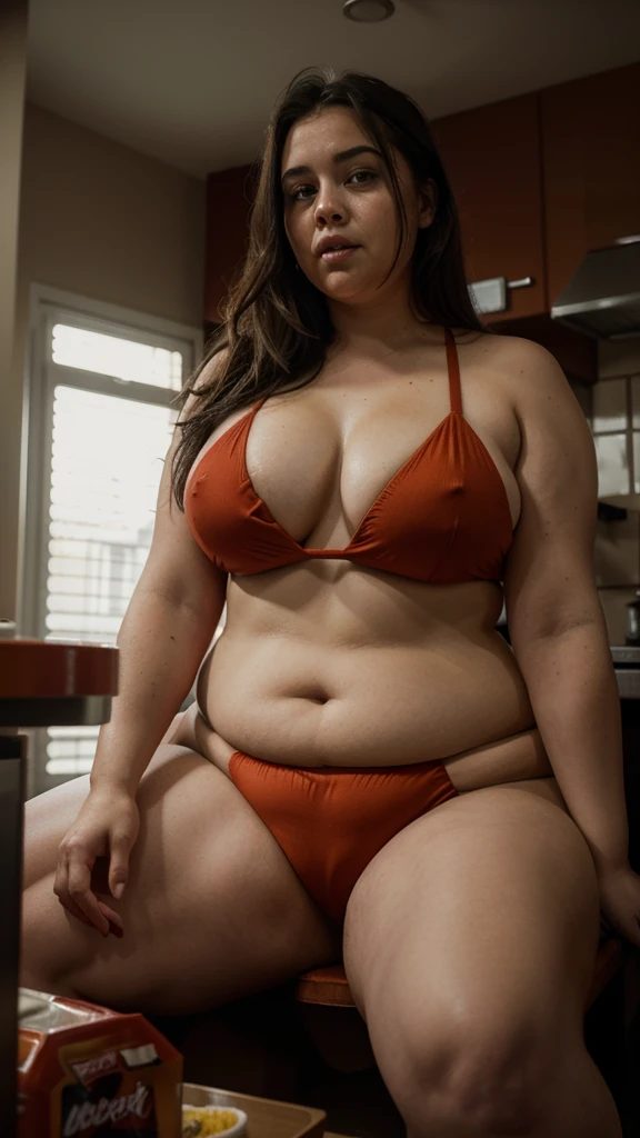 a very overweight and obese girl in a red bikini sitting in a kitchen in front of a table eating various fast foods, hot dogs and oily, high-fat foods, her mouth and body covered in ketchup and mustard, an image showing the complex situation of obesity in a person's life, the girl compulsively eating, 4k, photo-realistic, detailed, hyperrealistic, dramatic lighting, cinematic composition, gritty, grunge, highly detailed