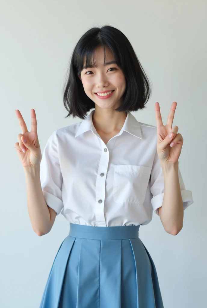 A beautiful and clear-skinned woman、Bob、bright、Dress neat and clean、front、Japanese、Blue Skirt、shirt、Smug face、Black Hair、peace sign