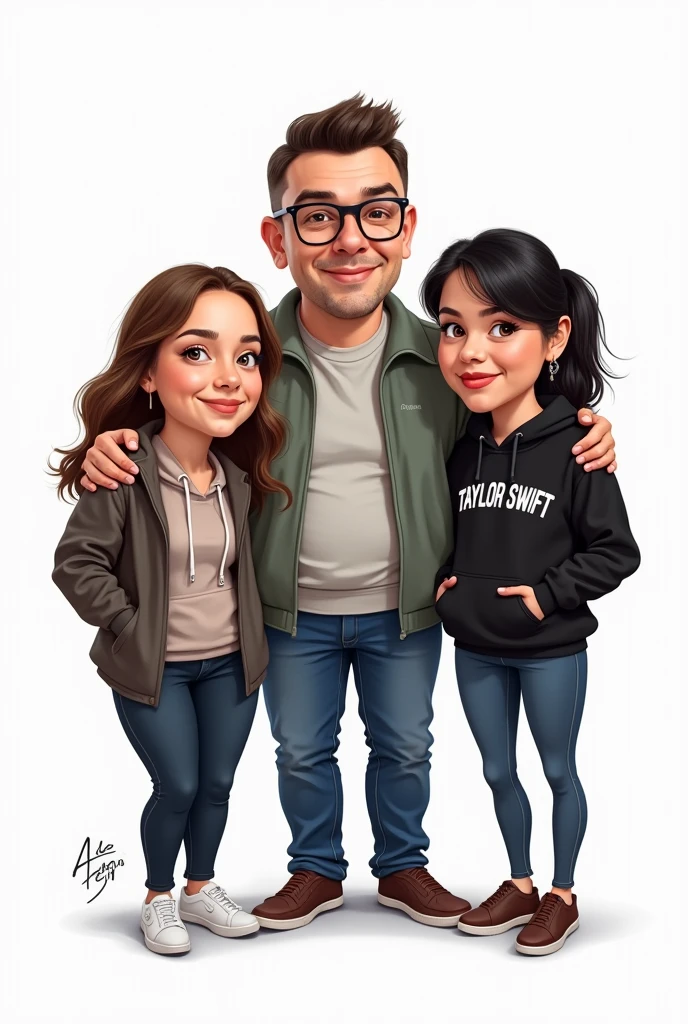 Draw three people as a caricature, The first is Samuel, a 23 year old man, stomach 1.80 meters, He is fat and has very short hair, He wears square glasses and always wears big sweatshirts. The second is Magda, una mujer de 21 años stomach 1.57 meters, She has long brown hair and bangs and she wears it tied up and she always wears a black Taylor Swift sweatshirt and the last person is Maria, A 22 year old woman, stomach 1.70, He has short black hair, He also has freckles.