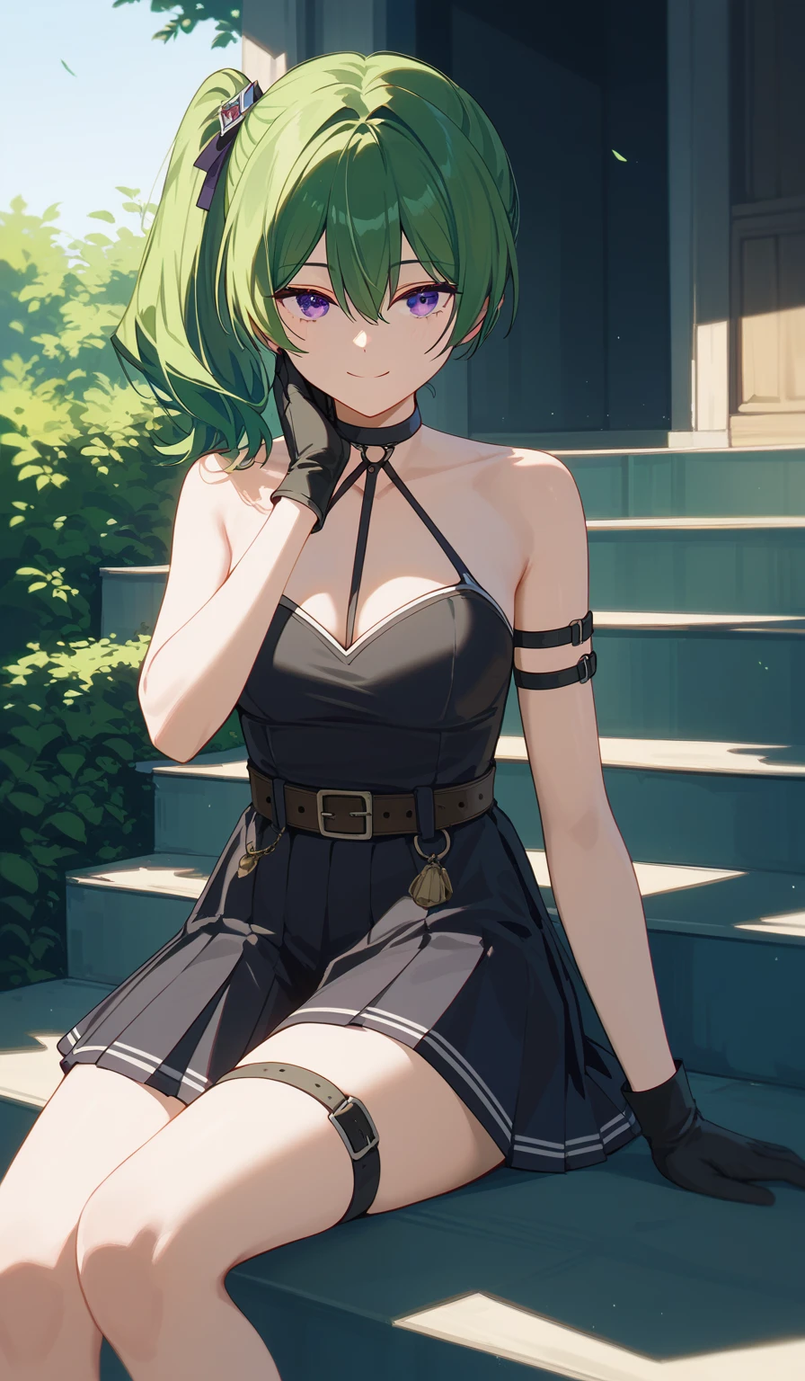 (masterpiece, The best quality at its best:1.2), alone, One huge breasted girl, Green Hair, bangs, Hair between the eyes, Side Ponytail, Purple eyes, A light smile, Black choker, clavicle, No sleeve, Black Dress, No sleeve dress, Halter neck, Pleated skirt, Black gloves, belt, Black footwear,、breast enhancement、Funeral of Frieren、Uber、Animated cartoon character sitting on stairs with hand on chin
