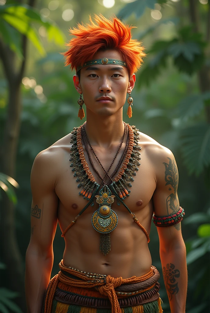 Young Asian man in Brazilian indigenous clothing. Tall and handsome with fiery hair. extremely pretty