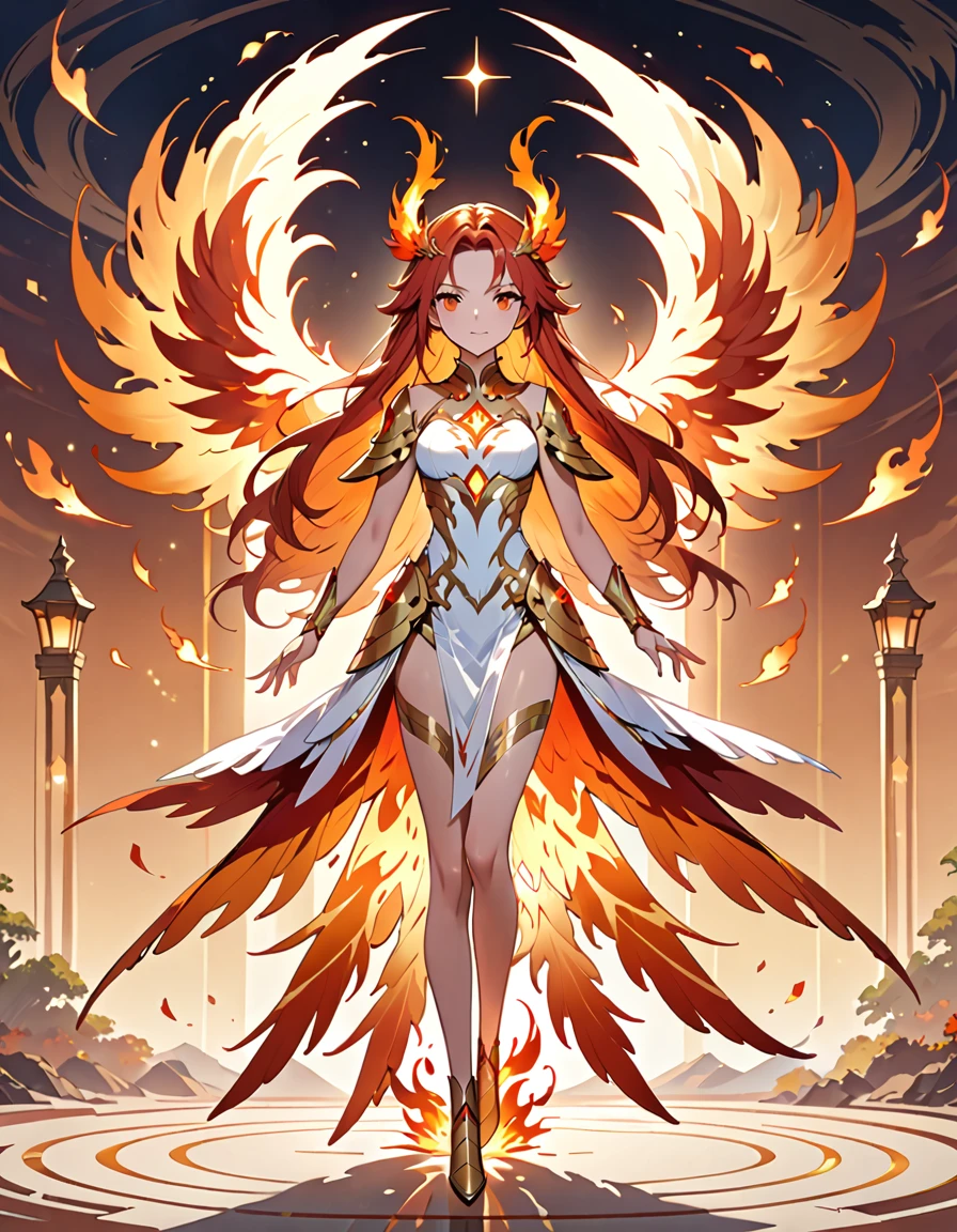 (((masterpiece, best quality, high detailed, 16k))) (1girl) A radiant young girl imbued with the powers of the phoenix, her eyes glowing with an inner fire. Her long, flowing hair is a fiery mix of red, orange, and gold, resembling the flames of a phoenix. She wears a celestial armor, shimmering with a blend of white and gold, adorned with ethereal patterns and symbols of rebirth and renewal. The armor is both elegant and protective, with feather-like accents that give her an otherworldly appearance. She emanates a warm, powerful aura, and behind her, ethereal wings of fire seem to form, hinting at her phoenix heritage. ((full body view))