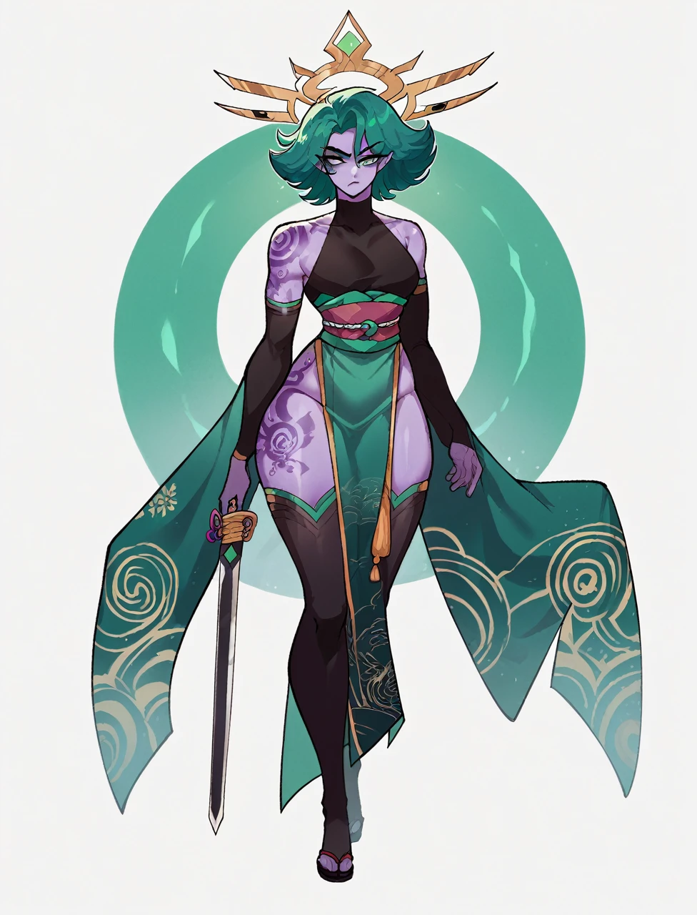 score_9, score_8_up, 1girl, goddess, full body kimono cursed clothing, arm sleeves, thick body, sword in hands, looking away, thick ass, purple skin, teal green hair, tattoo on back, tattoo on neck, looking at viewer, black stockings, teal green eyes